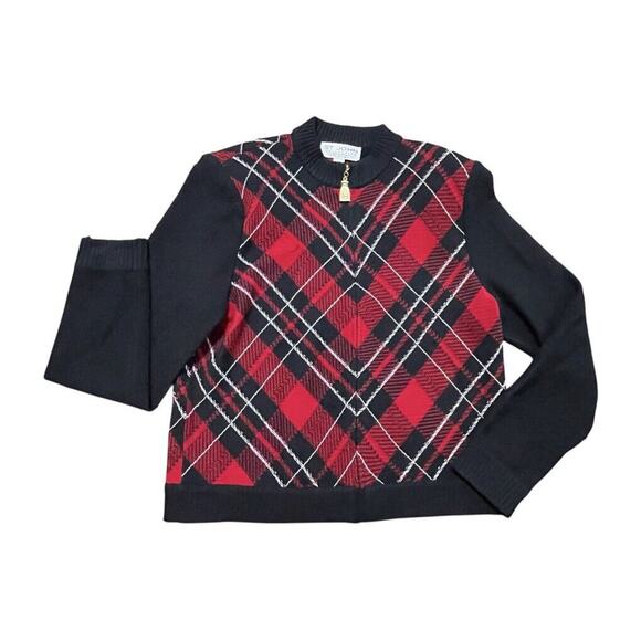 St John Basics Blazer Womens Size 14 Red & Black Plaid Santana Knit Full Zip USA